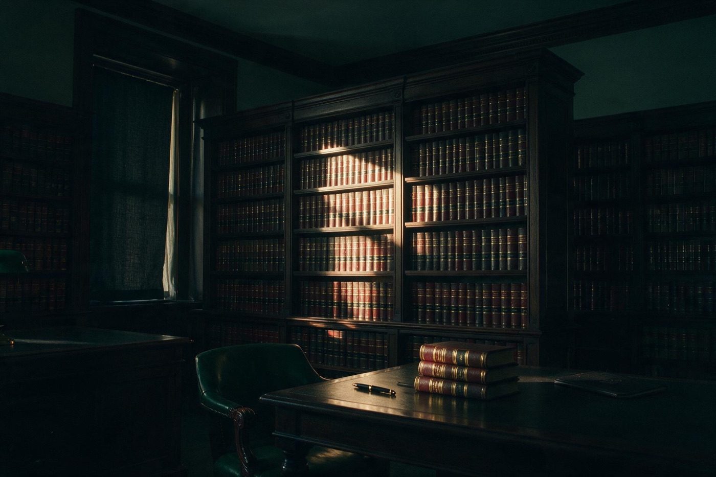 Shelves of bound legal volumes lit by a single shaft of window light